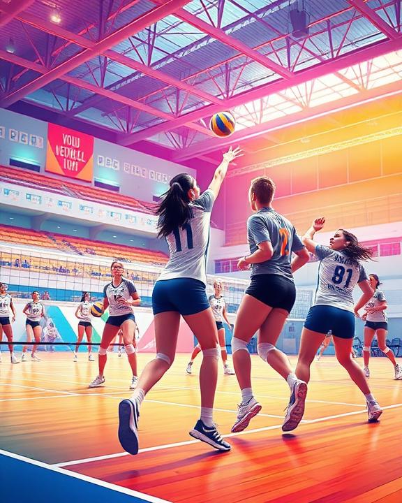A visually engaging depiction of a volleyball team in action