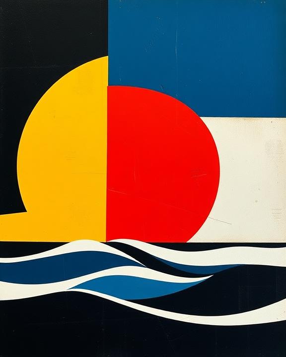 An abstract, striking artwork in a neoplastic style featuring bold, geometric shapes and pure colors, representing the themes of isolation and mental challenges faced at sea.