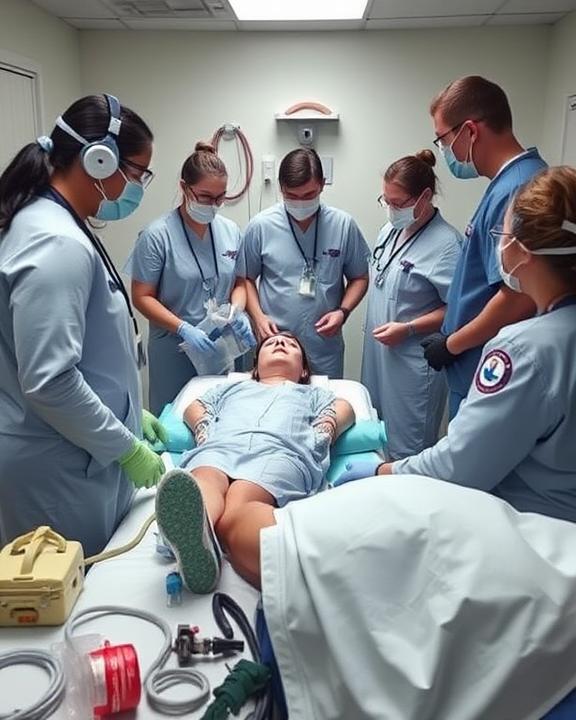 Team medico durante esercitazione di emergenza con focus sulle dinamiche di gruppo e comunicazione