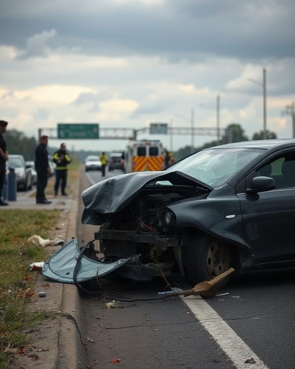 A dramatic scene depicting the aftermath of a car accident, with a crumpled car and emergency responders.