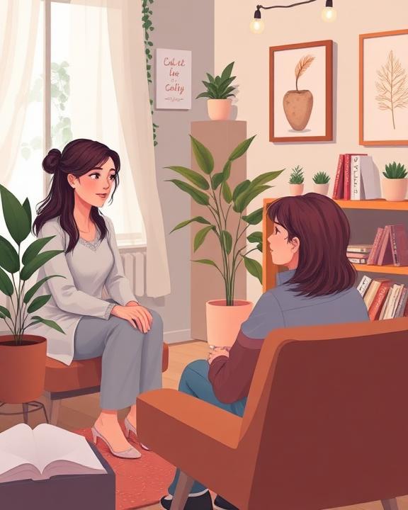 An illustration of a therapy session focused on trauma recovery, showing a therapist and a client in a cozy room.