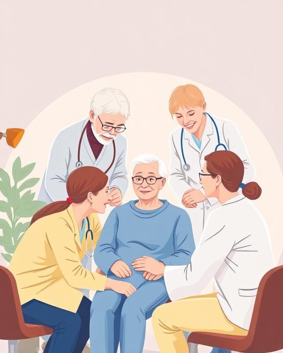 An illustration of a multidisciplinary rehabilitation team working together, showing various professionals like a neuropsychologist, physiotherapist, and speech therapist collaborating around a patient.