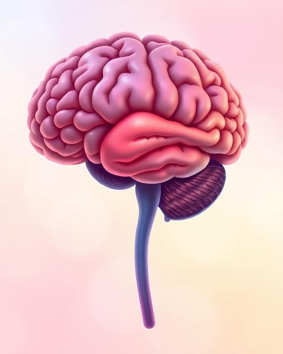 A cartoon image of a detailed human brain in light pink, placed on a light yellow background.