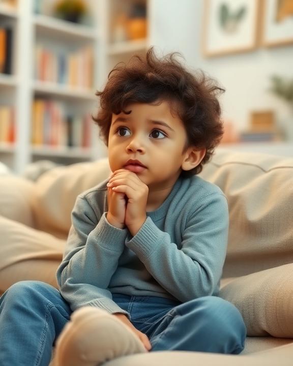 A close-up shot of a small child of color is seated comfortably on a couch. They have their hands clasped together, resting on their legs, and appear to be looking slightly upward and to the left. Their expression is one of deep thought or concentration. The background includes blurred bookshelves and decorative frames, suggesting a cozy indoor setting.
