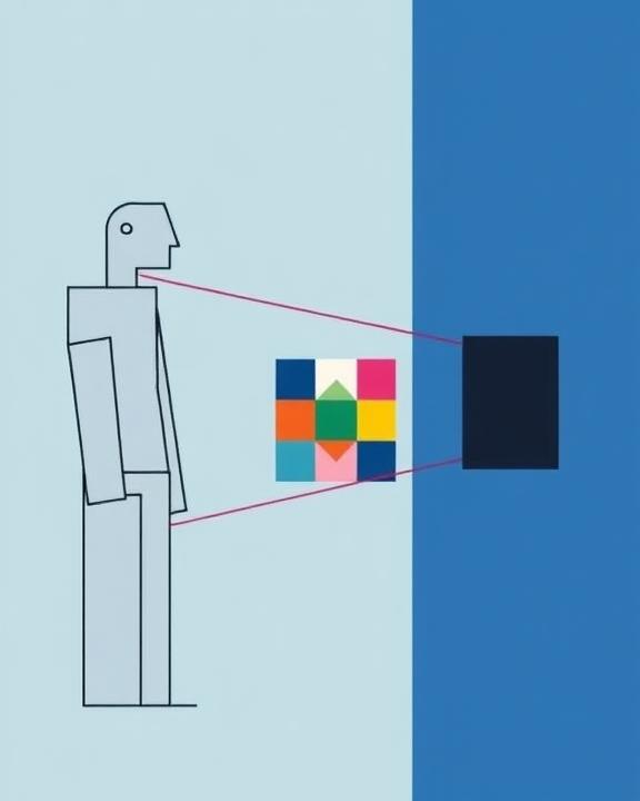 A vector drawing shows a light blue person looking at an abstract grid of colorful squares. The grid grows smaller as the viewing line gets longer, and the line ends with a black square.