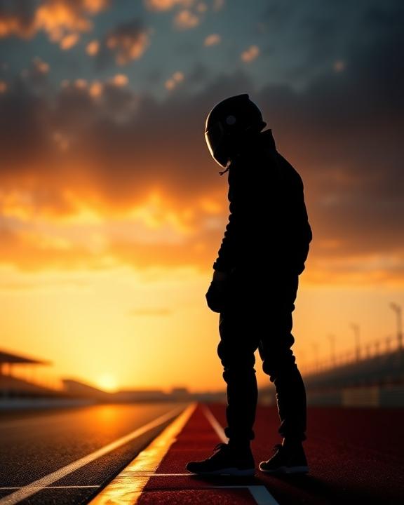 Silhouette of a racer facing personal struggles at the race track