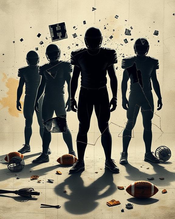 silhouette di giocatori di football americano con palloni, casco, e scarpe, con uno sfondo di un campo da football.