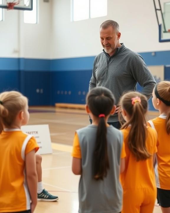 un allenatore di basket si avvicina a un gruppo di bambini.