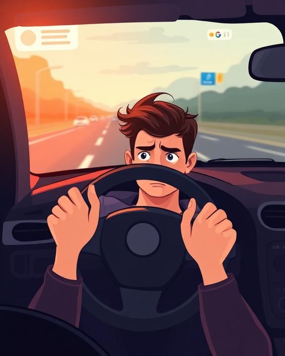 A creative illustration depicting a driver focused on the road while experiencing stress, seated inside a car.