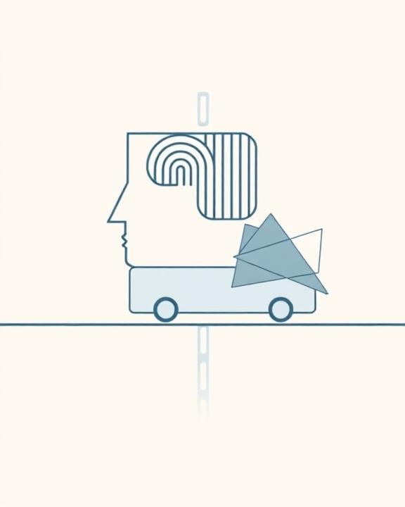 An iconic and conceptual illustration in a neoplastic and constructivist style showing a human head and vehicle representation.