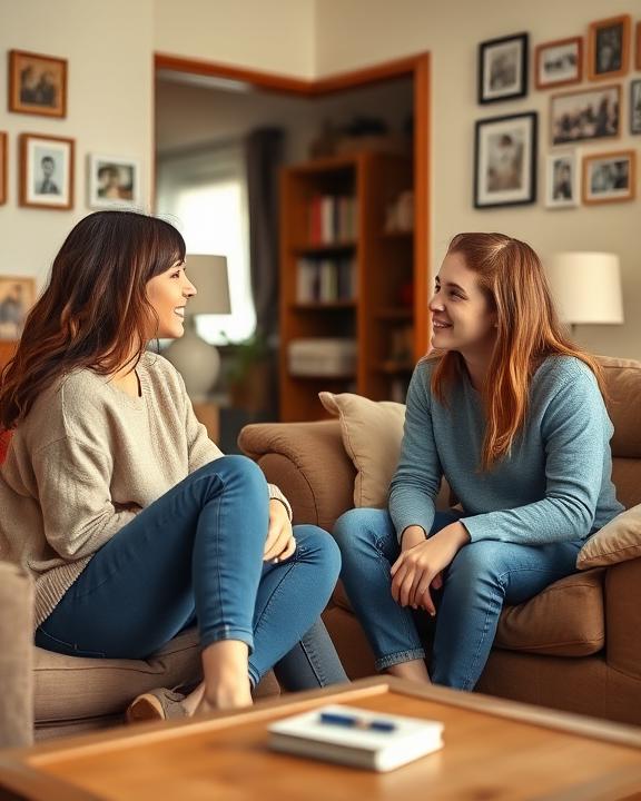 A supportive family scene showing a parent and a teenager having an open conversation at home, in a warm and inviting atmosphere.