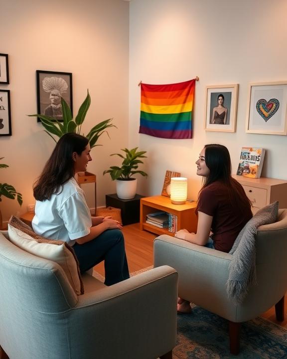 A serene therapy room with comfortable seating and soft lighting, showing a therapist and a client engaging in conversation, with symbols of inclusivity in the background.