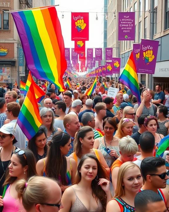 A vibrant and colorful crowd at a Pride festival, with rainbow flags waving, people of different ages celebrating together, in a lively urban setting.