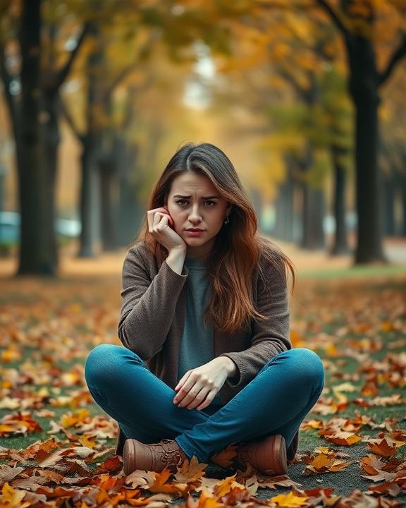 Donna seduta in un parco autunnale, espressione pensierosa
