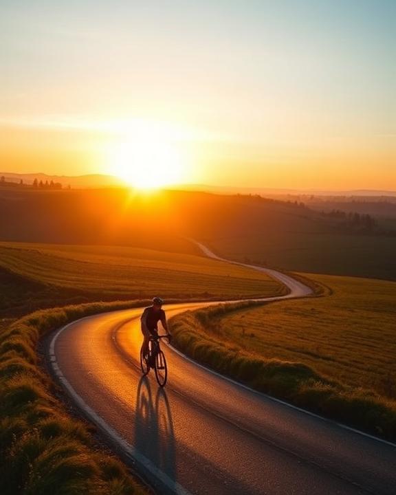 un paesaggio sereno al tramonto con un ciclista che pedala lungo una strada tortuosa, circondato da campi verdi lussureggianti