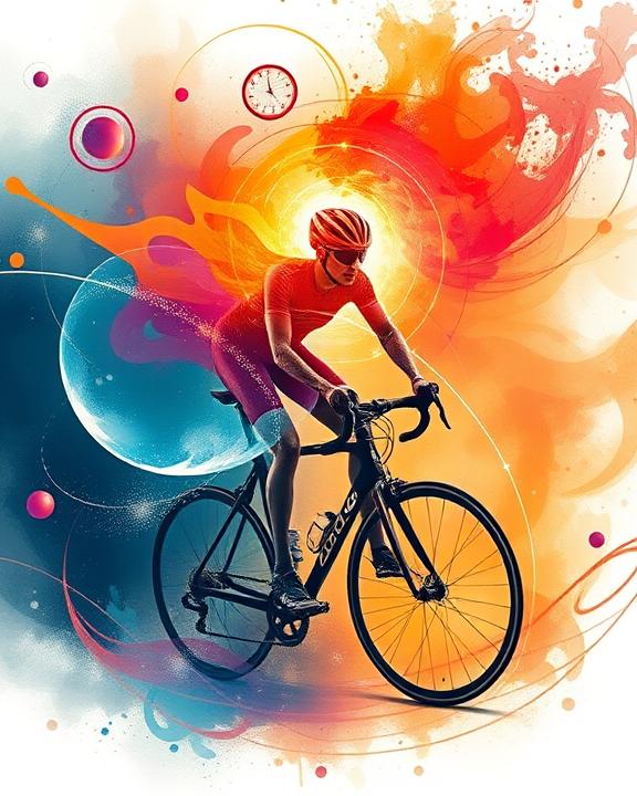 un'illustrazione astratta che rappresenta la connessione tra mente e corpo nello sport, mostrando un ciclista circondato da un'aura vibrante rappresentante la salute mentale