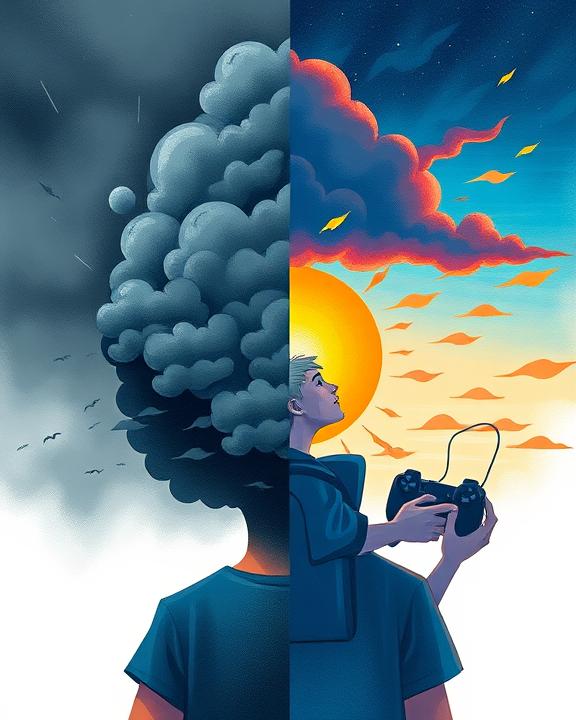 Illustration showing the duality of mental health in gaming, with one side depicting negativity and the other side positivity.