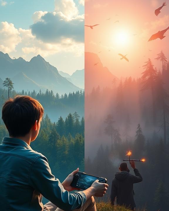 A serene split scene showing a person calmly playing an open world video game, exploring a peaceful fantasy landscape.