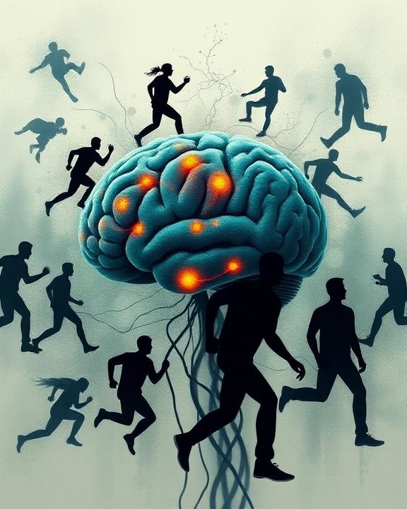 An abstract portrayal of human behavior complexities, showing a brain with highlighted neural connections and silhouettes of humans engaged in impulsivity.
