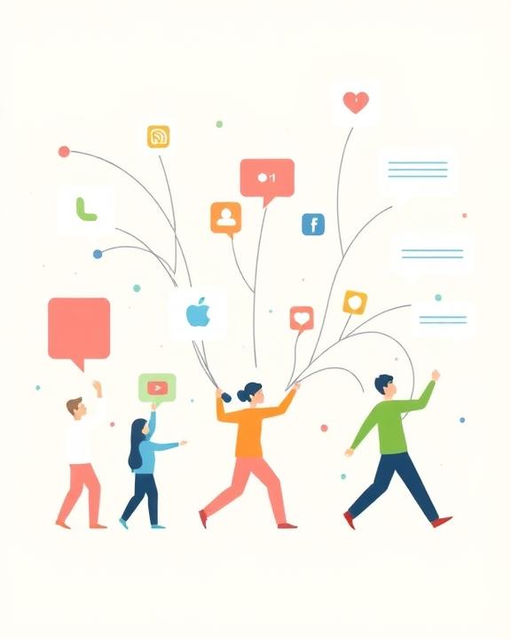 A minimalist and abstract image depicting social media influence and impulsive behaviors, featuring social media icons, human figures in impulsive actions, and digital communication elements.