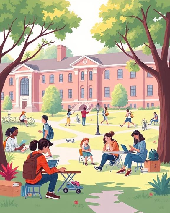 Illustrazione di un campus universitario con studenti che leggono, studiano e interagiscono all'aperto. L'immagine evoca un ambiente accademico dinamico e socialmente attivo, ma che può essere anche fonte di stress e sfide emotive.