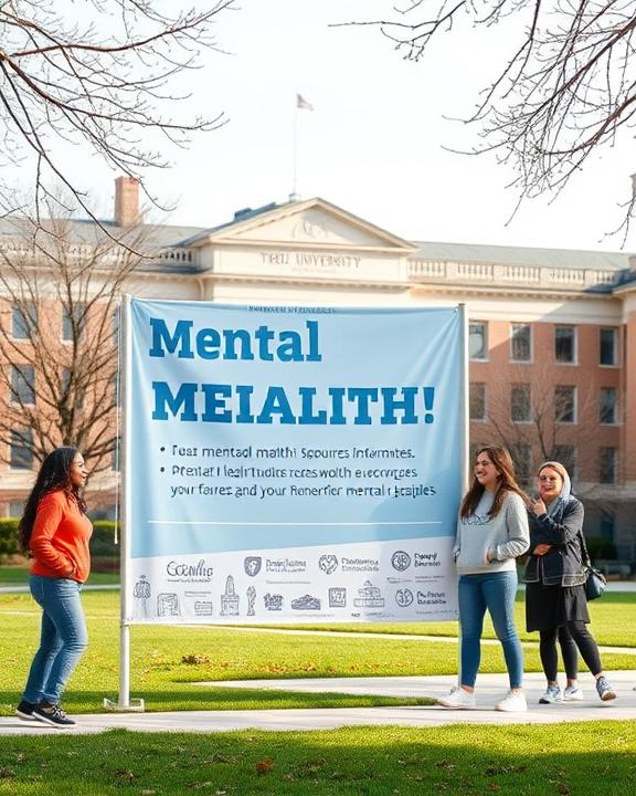 Tre studentesse universitarie vicine a un grande banner azzurro con la scritta 'Mental Health!' e loghi di organizzazioni di salute mentale. L'immagine comunica l'importanza di sensibilizzare sul benessere mentale nella comunità universitaria.