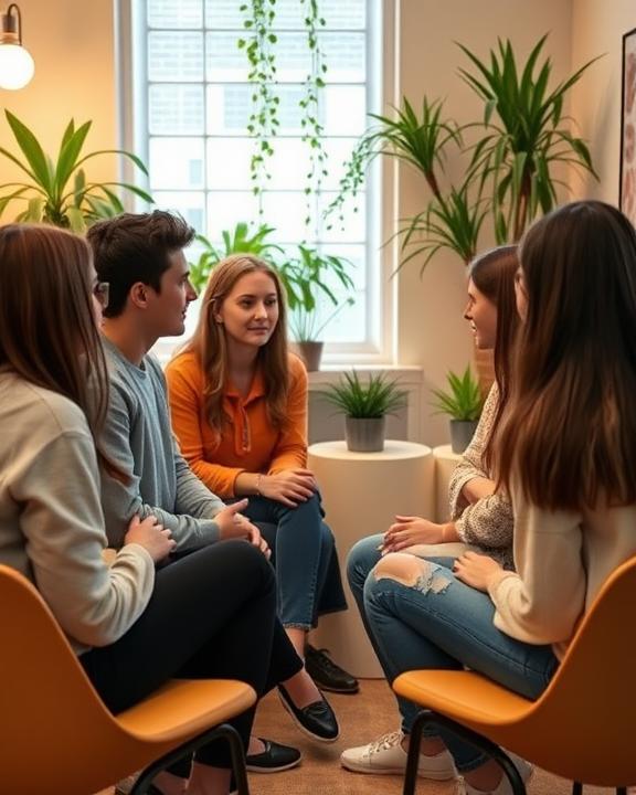 Cinque studenti universitari seduti in cerchio a conversare. L'immagine simboleggia il supporto e il dialogo nel contesto del benessere psicologico studentesco.