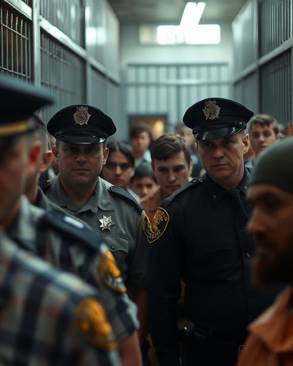 Prison officers monitoring inmates in a tense environment.