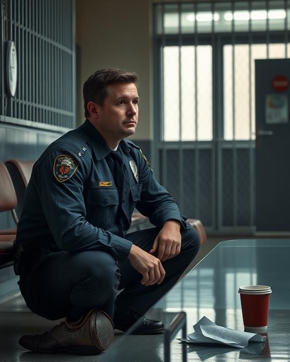 Prison officer showing signs of stress and burnout, sitting alone.