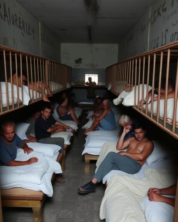 Overcrowded prison cell showing harsh living conditions.