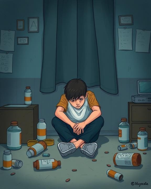 An illustration of a young person sitting alone in a dimly lit room, surrounded by empty medicine bottles and signs of emotional distress.