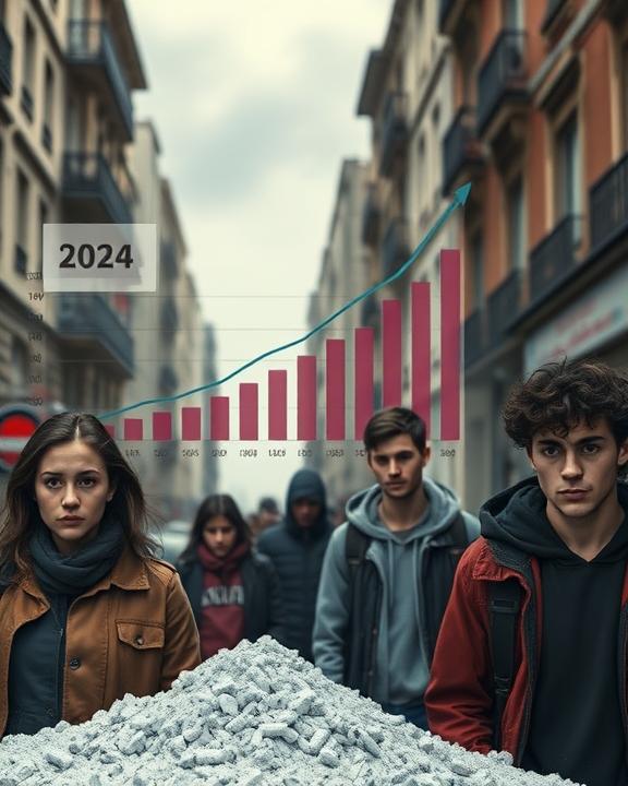 A conceptual image depicting the alarming rise of cocaine use and overdose deaths in Italy in 2024.
