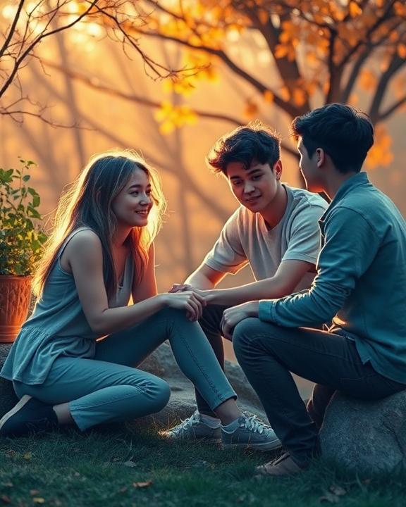 A symbolic representation of resilience in mental health among youth. The scene should portray a group of young people engaging in supportive activities, like talking and sharing, with a warm and comforting environment.