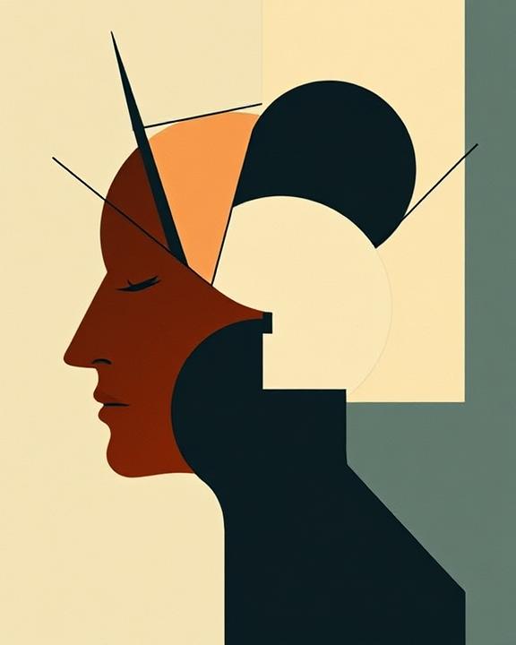 Un'immagine iconica e ispirata all'arte neoplastica e costruttivista in stile De Stijl. Figure geometriche pure e razionali, linee verticali e orizzontali dominanti. Palette di colori freddi e desaturati. L'immagine rappresenta in modo concettuale tre entità principali: la psiche umana, il conflitto e il supporto psicologico.