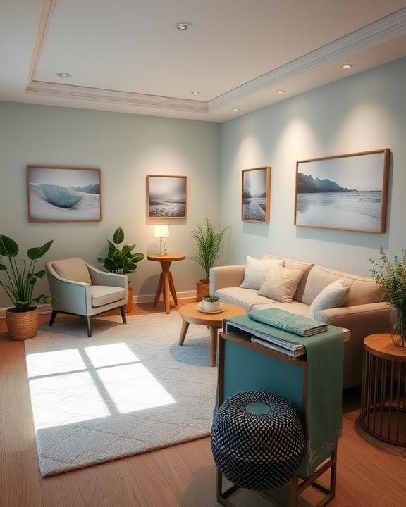 A serene and tranquil indoor therapy room with soft lighting that creates a peaceful environment for therapeutic discussions about trauma and sexuality.