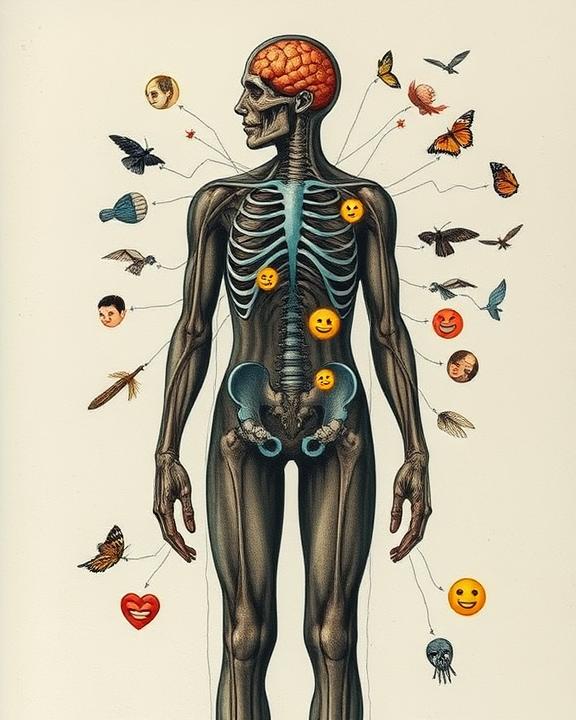 An artistic representation of the human body depicted as a complex archive, illustrating various emotions and memories tied to trauma with highlighted areas where trauma is stored.