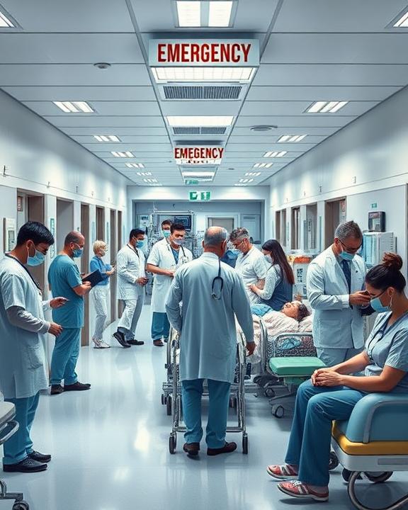 An artistic representation of a busy hospital emergency room.