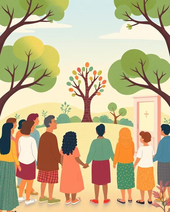 A serene illustration showing a supportive community gathering around symbols of mental health.