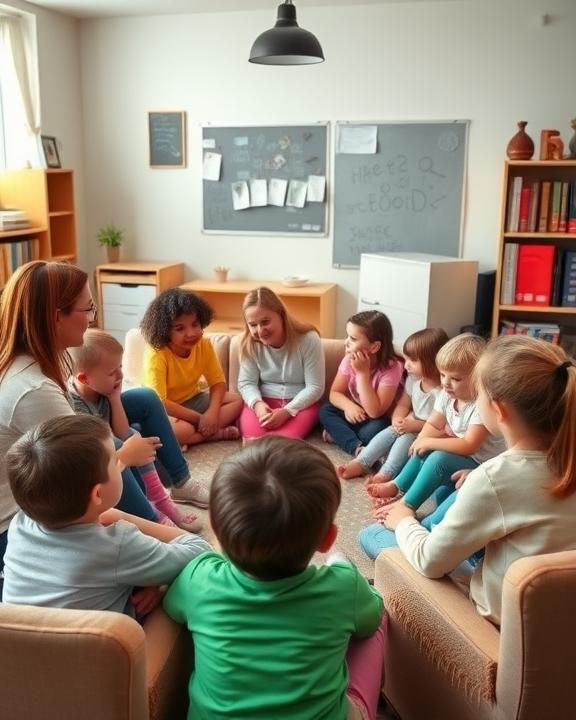 Teachers and psychologists providing emotional support to children in a warm, cozy school environment.