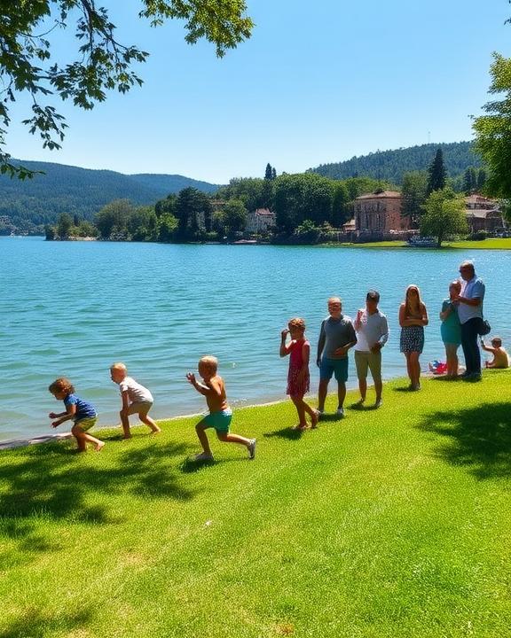 Lakeside area in Cazzago Brabbia, children playing and engaging in outdoor activities, conveying hope and recovery.