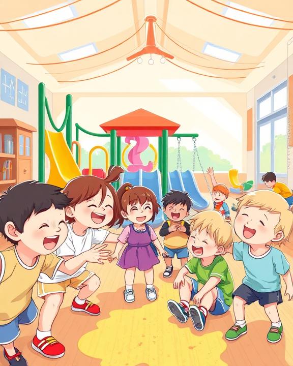 Children playing joyfully in a colorful school playground, symbolizing resilience and community support.