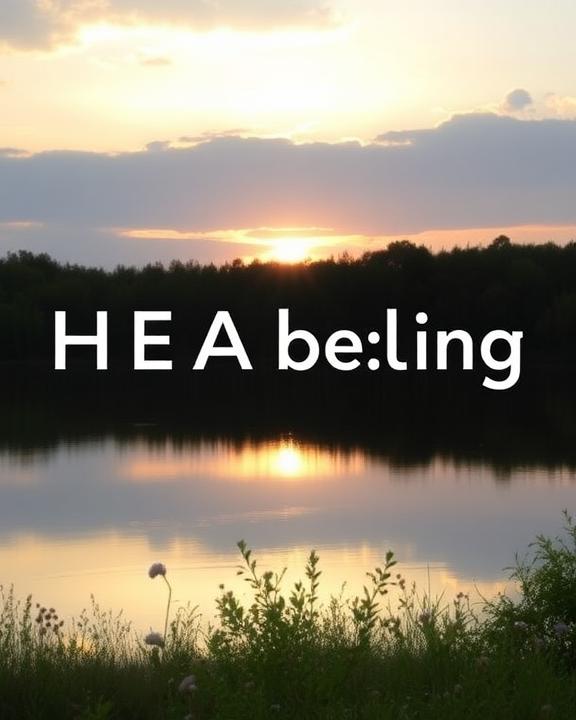 A serene landscape promoting healing, featuring a sunrise over a calm lake surrounded by lush green trees.