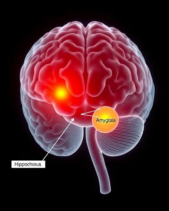 An illustration depicting the brain with highlighted areas showing the amygdala and hippocampus, representing the neurobiological changes associated with PTSD.