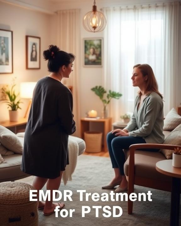 Una terapia EMDR in corso, con un terapeuta e un paziente in un ambiente rilassante.