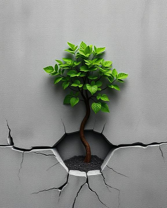 Un albero che cresce attraverso il cemento, simboleggiando la resilienza e la guarigione dopo un trauma.