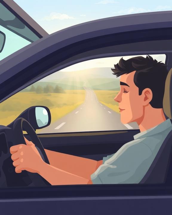 A driver in a car experiencing microsleep with a blurred landscape in the background.