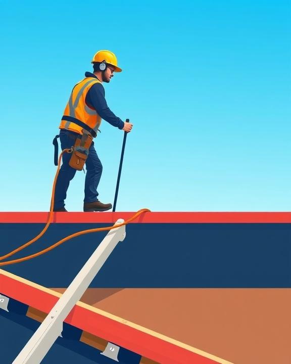 An abstract and iconic representation of a stylized worker on a high roof, illustrating a construction scene with safety gear.