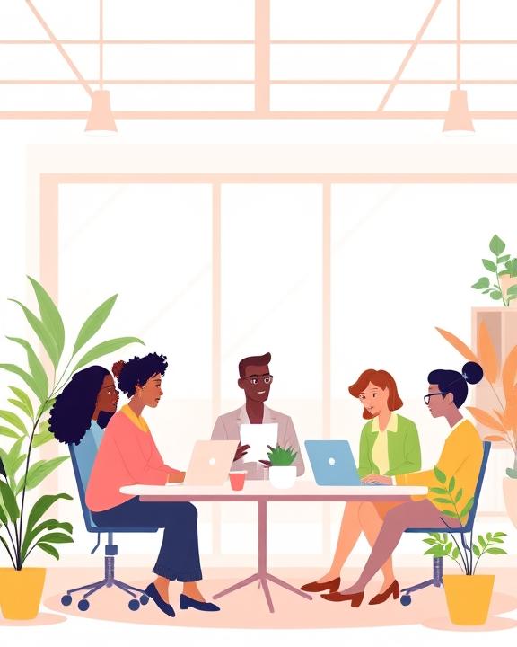 An illustration showing a supportive work environment emphasizing mental health, featuring diverse workers collaborating.