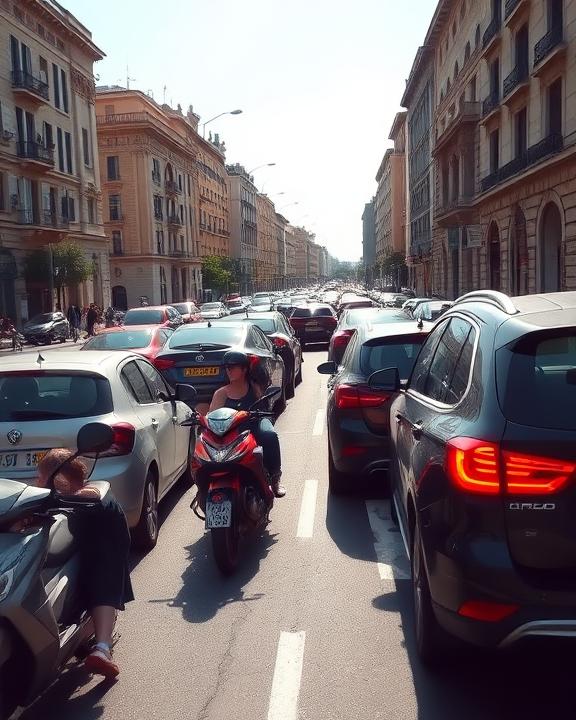 A dramatic scene depicting a busy urban road in Naples, showcasing heavy traffic with cars and motorcycles, emphasizing a chaotic environment. Pedestrians navigating through traffic, with some illegal parking adding to the sense of danger.