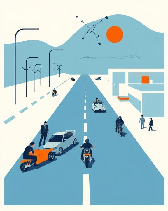 An iconic and conceptual image in a neoplastic style depicting stylized human figures (victims and rescuers) rendered with geometric shapes, vehicles reduced to linear shapes, a road represented as a clear line, elements suggesting trauma.